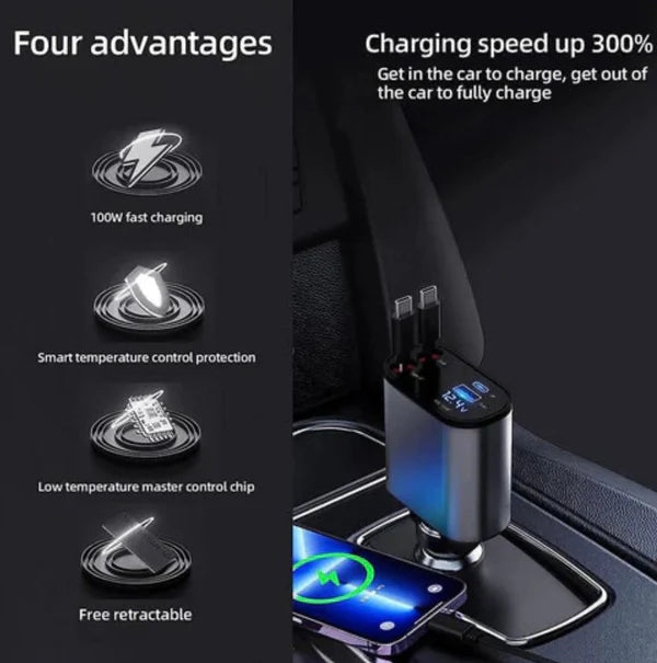 شاحن سيارة 4 في 1 قابل للسحب شحن سريع وبدون تشابك-4-in-1 Retractable Car Charger Fast & Tangle-Free