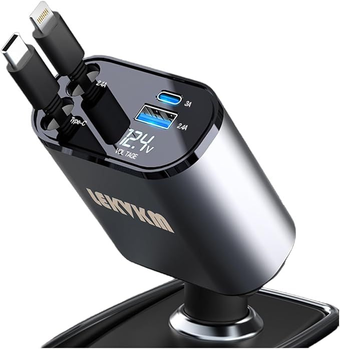 شاحن سيارة 4 في 1 قابل للسحب شحن سريع وبدون تشابك-4-in-1 Retractable Car Charger Fast & Tangle-Free
