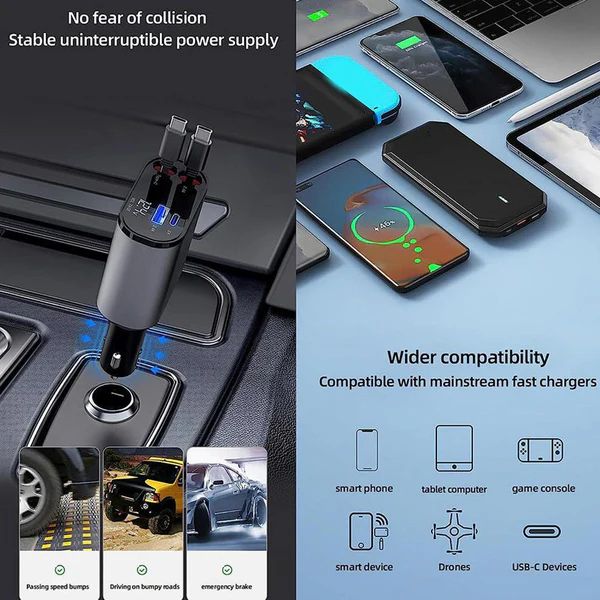 شاحن سيارة 4 في 1 قابل للسحب شحن سريع وبدون تشابك-4-in-1 Retractable Car Charger Fast & Tangle-Free