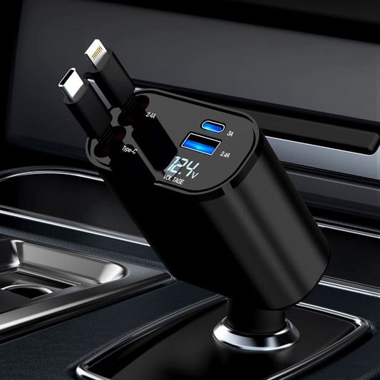 شاحن سيارة 4 في 1 قابل للسحب  شحن سريع وبدون تشابك-4-in-1 Retractable Car Charger Fast & Tangle-Free